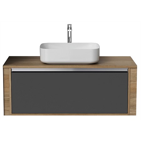 St Michel City 50 Wall-to-Wall 1 Drawer Wall Hung Vanity 1001-1100 with Cala basin on a woodgrain be