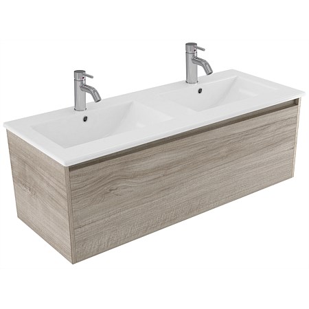 Elementi Sienna 1200mm Vitreous China Double Bowl Wall-Hung Vanity Ashen Walnut Timberland