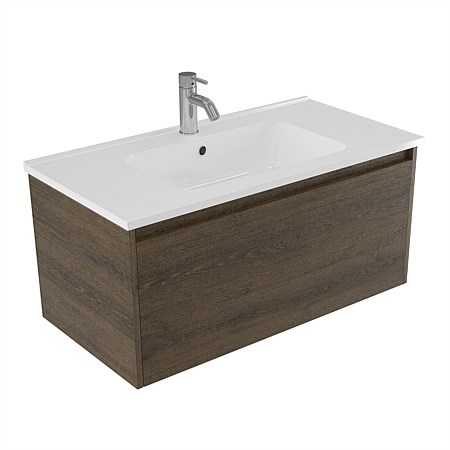 Elementi Sienna 900mm Wall-Hung Vanity with Polymarble Top Smokey Oak Timberland