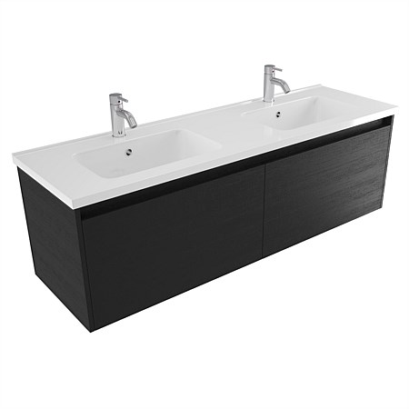 Elementi Sienna 1500mm Double Bowl Wall-Hung Vanity with Polymarble Top Black Timberland
