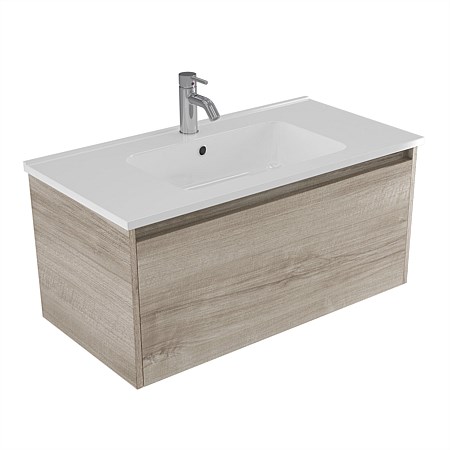 Elementi Sienna 900mm Wall-Hung Vanity with Polymarble Top Ashen Walnut Timberland