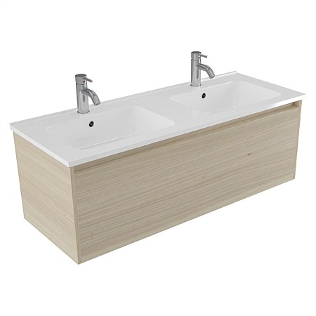 Elementi Sienna 1200mm Double Bowl Wall-Hung Vanity with Polymarble Top Seasoned Oak