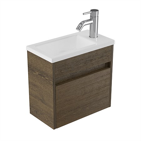 Elementi Sienna 440mm Wall-Hung Vanity with Polymarble Top Smokey Oak Timberland