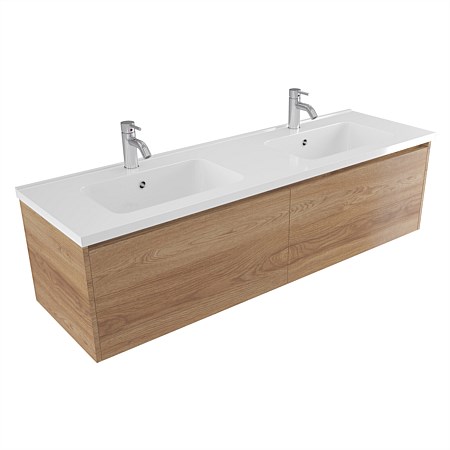 Elementi Sienna 1500mm Double Bowl Wall-Hung Vanity with Polymarble Top Southern Oak Timberland