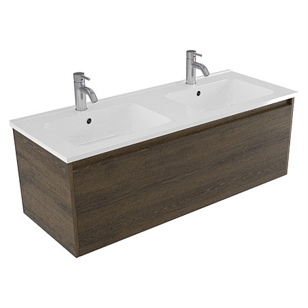 Elementi Sienna 1200mm Double Bowl Wall-Hung Vanity with Polymarble Top Smokey Oak Timberland