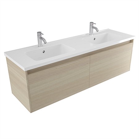 Elementi Sienna 1500mm Double Bowl Wall-Hung Vanity with Polymarble Top Seasoned Oak