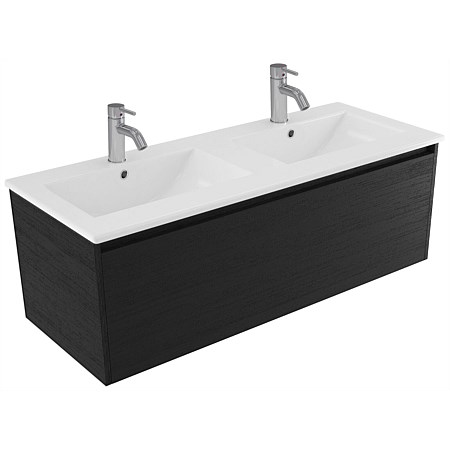 Elementi Sienna 1200mm Vitreous China Double Bowl Wall-Hung Vanity Black Timberland