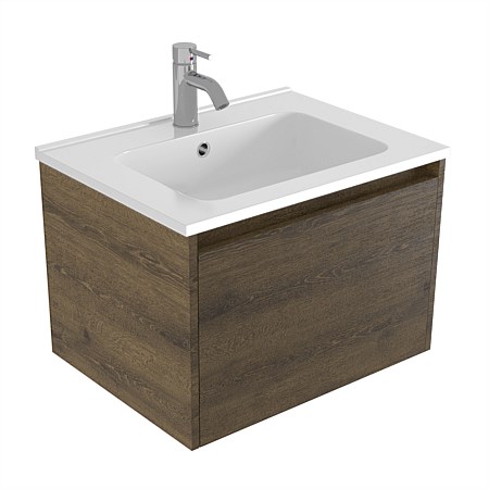Elementi Sienna 600mm Wall-Hung Vanity with Polymarble Top Smokey Oak Timberland