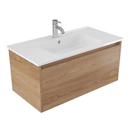 Elementi Sienna 900mm Wall-Hung Vanity with Polymarble Top Southern Oak Timberland