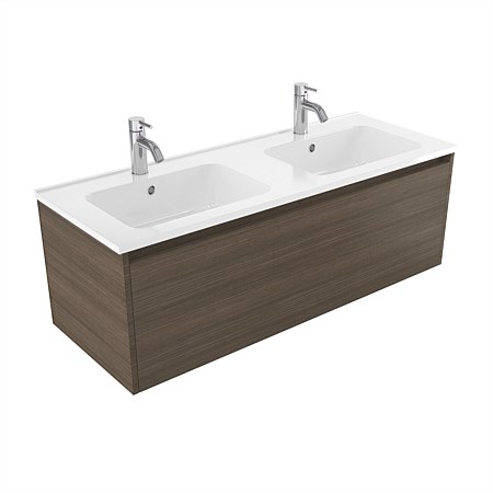 Elementi Sienna 1200mm Double Bowl Wall-Hung Vanity with Polymarble Top Charred Oak