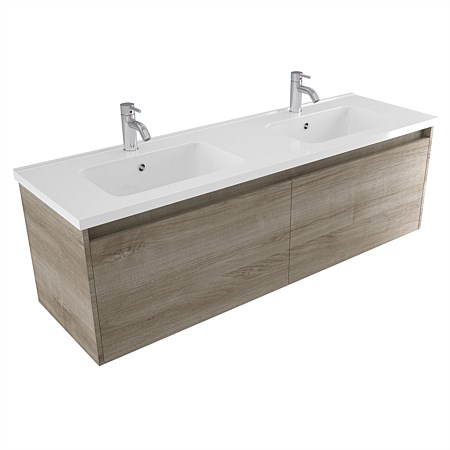 Elementi Sienna 1500mm Double Bowl Wall-Hung Vanity with Polymarble Top Ashen Walnut Timberland