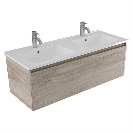 Elementi Sienna 1200mm Double Bowl Wall-Hung Vanity with Polymarble Top Ashen Walnut Timberland
