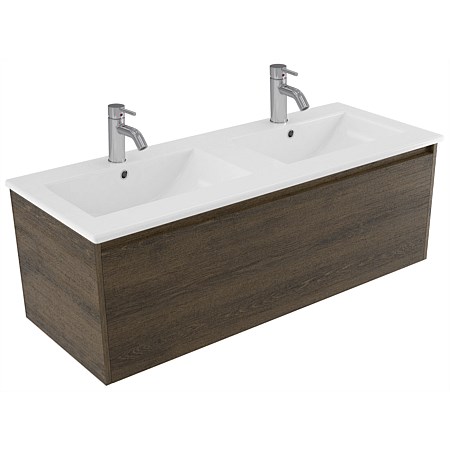 Elementi Sienna 1200mm Vitreous China Double Bowl Wall-Hung Vanity Smokey Oak Timberland