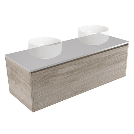 Elementi Sienna 1200mm Double Wall-Hung Vanity Moonlight Elestone Flat Top Ashen Walnut Timberland