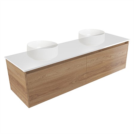 Elementi Sienna 1500mm Double Wall-Hung Vanity White Elestone Top Southern Oak Timberland