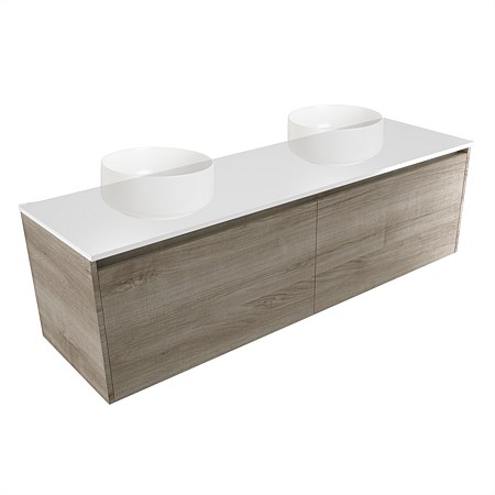 Elementi Sienna 1500mm Double Wall-Hung Vanity White Elestone Top Ashen Walnut Timberland