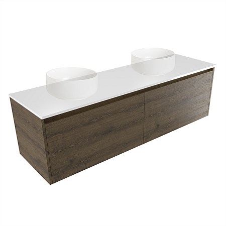 Elementi Sienna 1500mm Double Wall-Hung Vanity White Elestone Top Smokey Oak Timberland