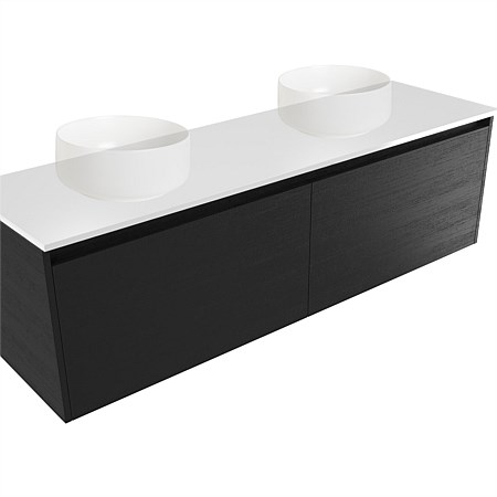Elementi Sienna 1500mm Double Wall-Hung Vanity White Elestone Top Black Timberland
