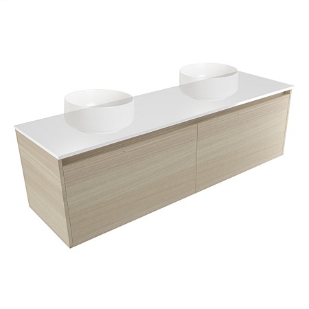 Elementi Sienna 1500mm Double Wall-Hung Vanity White Elestone Top Seasoned Oak