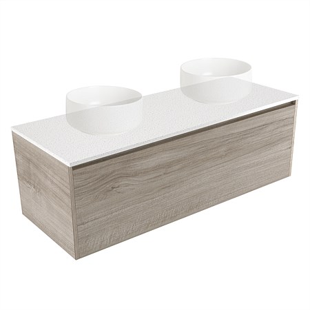 Elementi Sienna 1200mm Double Wall-Hung Vanity White Elestone Top Ashen Walnut Timberland