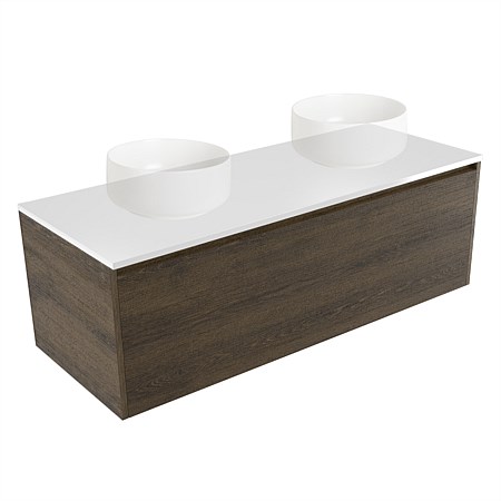 Elementi Sienna 1200mm Double Wall-Hung Vanity White Elestone Top Smokey Oak Timberland