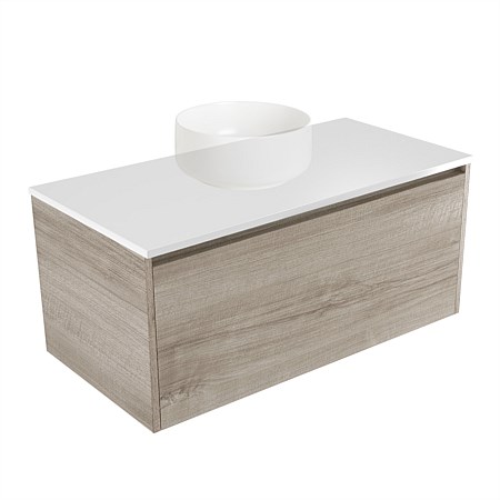 Elementi Sienna 900mm Wall-Hung Vanity White Elestone Top Ashen Walnut Timberland