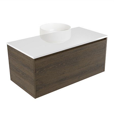 Elementi Sienna 900mm Wall-Hung Vanity White Elestone Top Smokey Oak Timberland