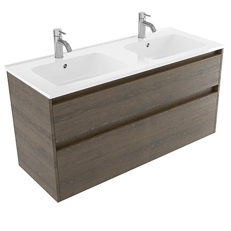 Elementi Sienna 1200mm 2 Drawer Polymarble Wall-Hung Vanity Smokey Oak Timberland