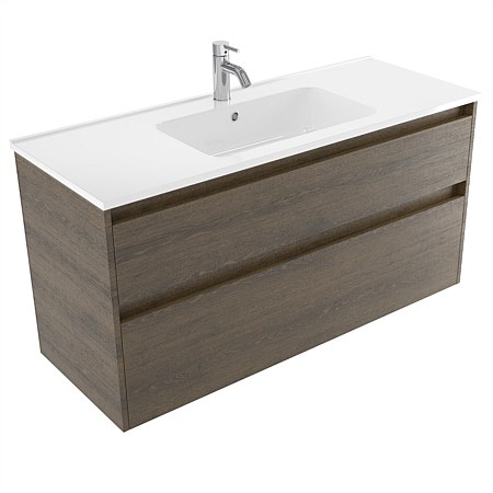 Elementi Sienna 1200mm 2 Drawer Polymarble Wall-Hung Vanity Smokey Oak Timberland