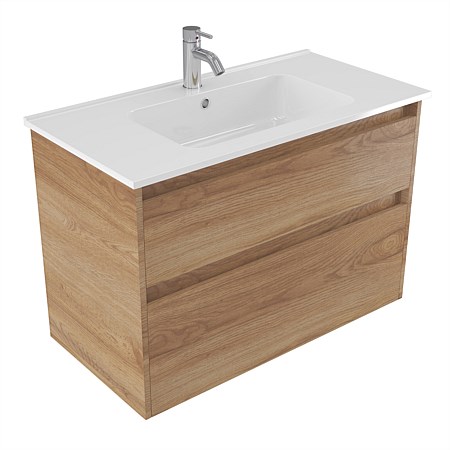 Elementi Sienna 900mm 2 Drawer Polymarble Wall-Hung Vanity Southern Oak Timberland