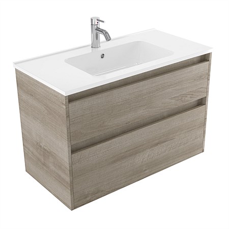 Elementi Sienna 900mm 2 Drawer Polymarble Wall-Hung Vanity Ashen Walnut Timberland