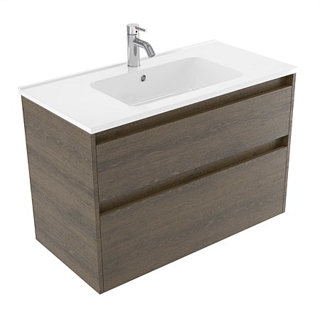 Elementi Sienna 900mm 2 Drawer Polymarble Wall-Hung Vanity Smokey Oak Timberland