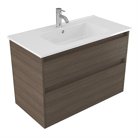 Elementi Sienna 900mm 2 Drawer Polymarble Wall-Hung Vanity Charred Oak