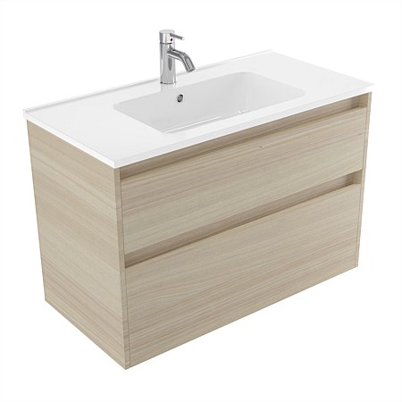 Elementi Sienna 900mm 2 Drawer Polymarble Wall-Hung Vanity Seasoned Oak