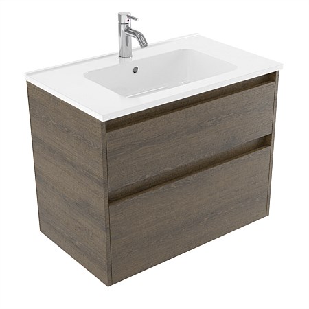 Elementi Sienna 750mm 2 Drawer Polymarble Wall-Hung Vanity Smokey Oak Timberland