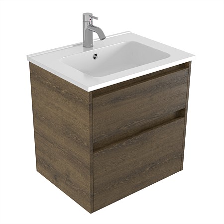 Elementi Sienna 600mm 2 Drawer Polymarble Wall-Hung Vanity Smokey Oak Timberland