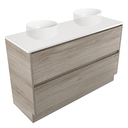 Elementi Sienna 1200mm Double 2 Drawer Vanity Motion Elestone Flat Top Ashen Walnut Timberland