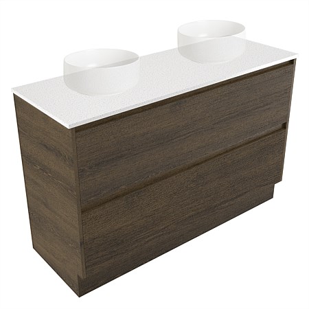 Elementi Sienna 1200mm Double 2 Drawer Vanity Motion Elestone Flat Top Smokey Oak Timberland
