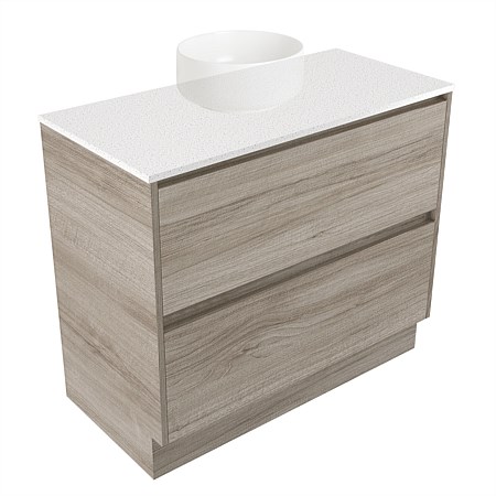 Elementi Sienna 900mm 2 Drawer Vanity Motion Elestone Flat Top Ashen Walnut Timberland