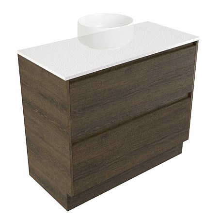 Elementi Sienna 900mm 2 Drawer Vanity Motion Elestone Flat Top Smokey Oak Timberland