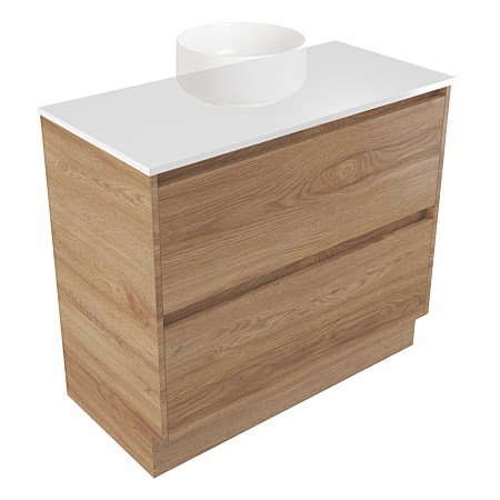 Elementi Sienna 900mm 2 Drawer Vanity White Elestone Top Southern Oak Timberland