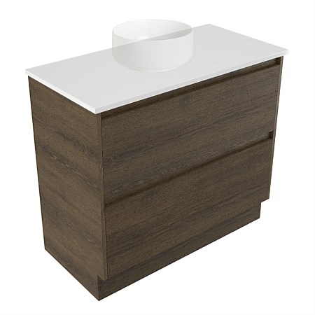 Elementi Sienna 900mm 2 Drawer Vanity White Elestone Top Smokey Oak Timberland