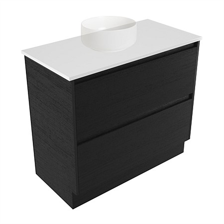 Elementi Sienna 900mm 2 Drawer Vanity White Elestone Top Black Timberland