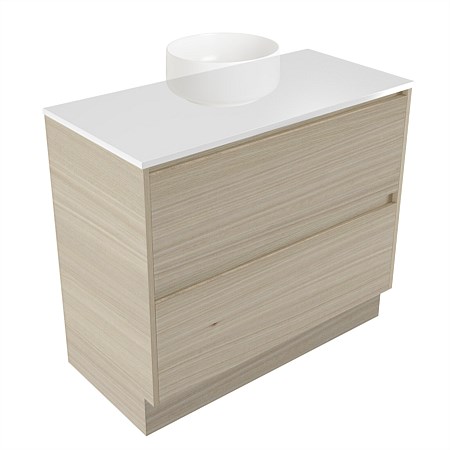 Elementi Sienna 900mm 2 Drawer Vanity White Elestone Top Seasoned Oak