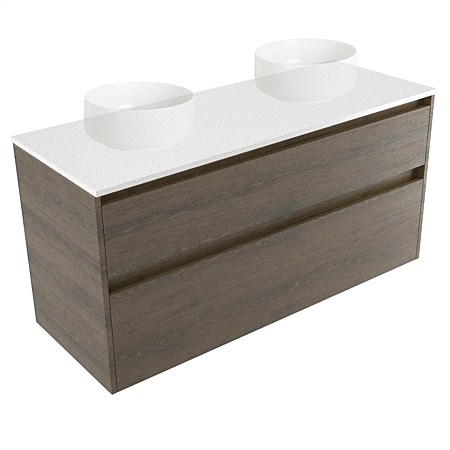 Elementi Sienna 1200mm Double 2 Drawer Wall-Hung Vanity Motion Elestone Flat Top Smokey Oak Timberl