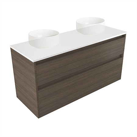 Elementi Sienna 1200mm Double 2 Drawer Wall-Hung Vanity Motion Elestone Flat Top Charred Oak