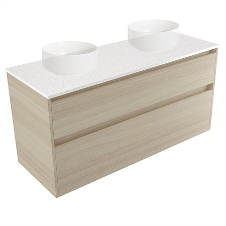 Elementi Sienna 1200mm Double 2 Drawer Wall-Hung Vanity Motion Elestone Flat Top Seasoned Oak