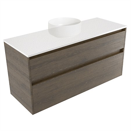 Elementi Sienna 1200mm 2 Drawer Wall-Hung Vanity Motion Elestone Flat Top Smokey Oak Timberland