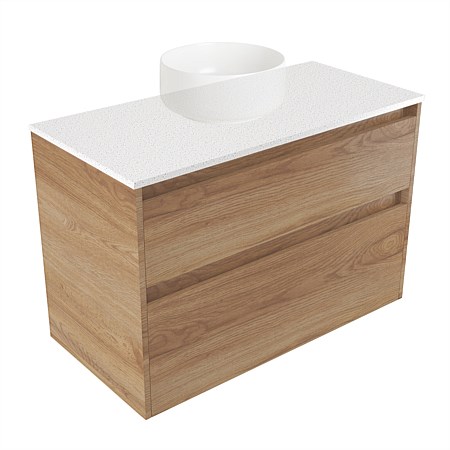 Elementi Sienna 900mm 2 Drawer Wall-Hung Vanity Motion Elestone Flat Top Southern Oak Timberland