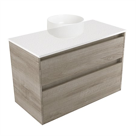 Elementi Sienna 900mm 2 Drawer Wall-Hung Vanity Motion Elestone Flat Top Ashen Walnut Timberland